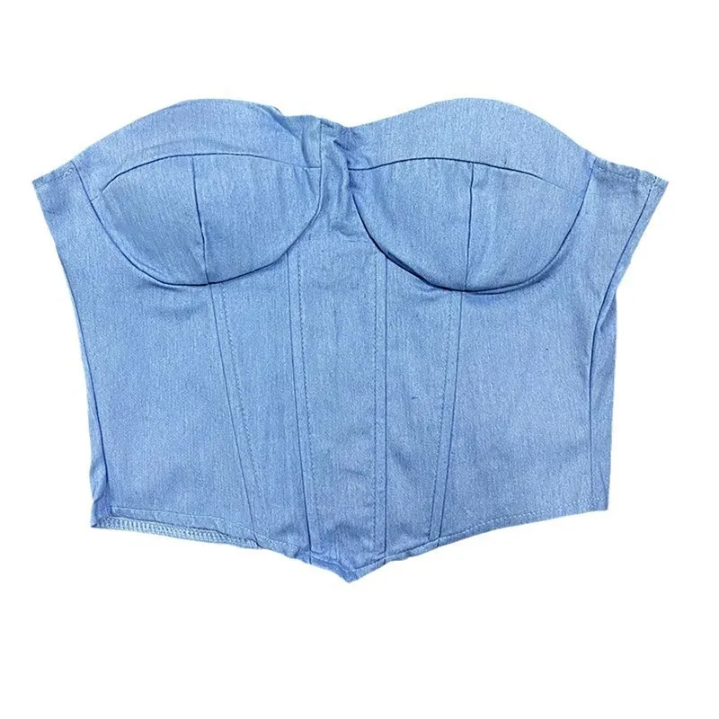 سترة نسائية أوروبية أمريكية مثيرة جديدة لعام 2025 من قماش الدنيم المقلد ملفوفة على الصدر بدون ظهر وخصر مربوط بلون سادة على شكل هيكل السمكة #5