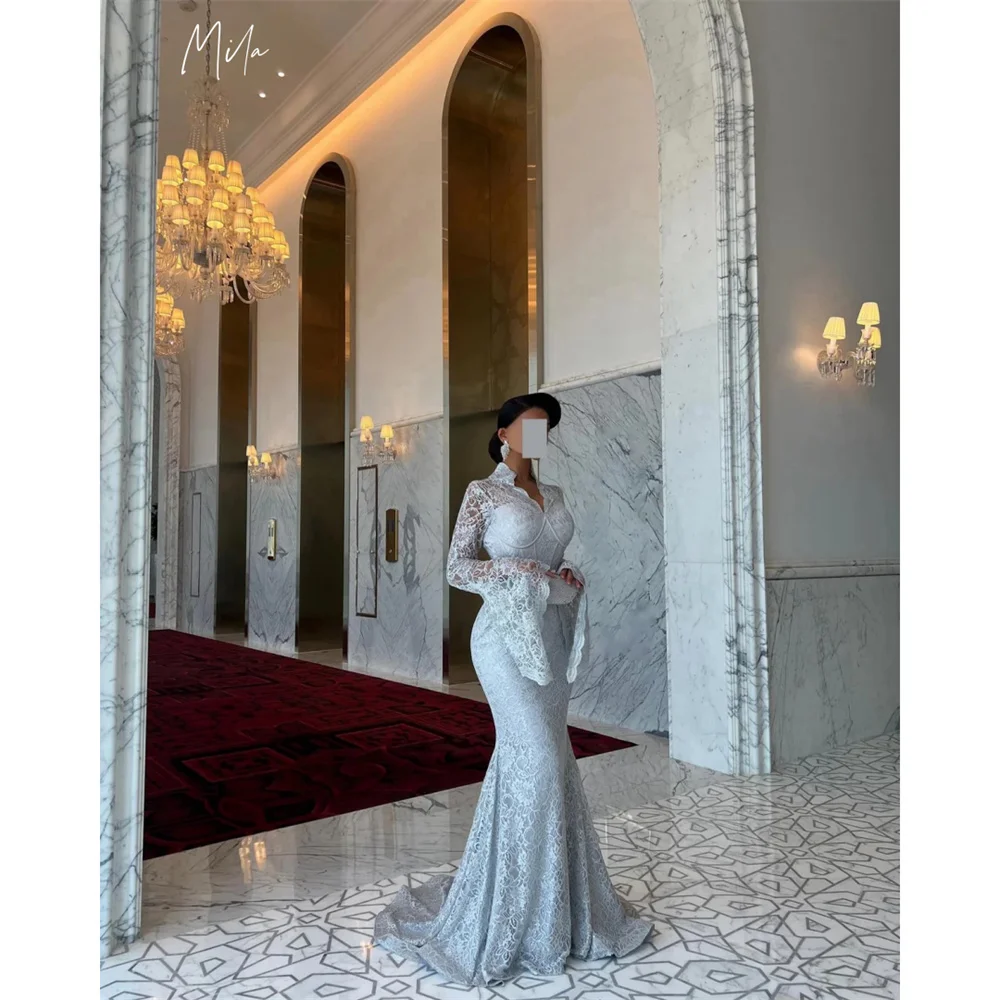 Mila Kant Zeemeermin Galajurken Lange Bell Mouw V-hals Aangepaste Avond Vrouw Jurken Elegante Vloerlengte vestidos de gala