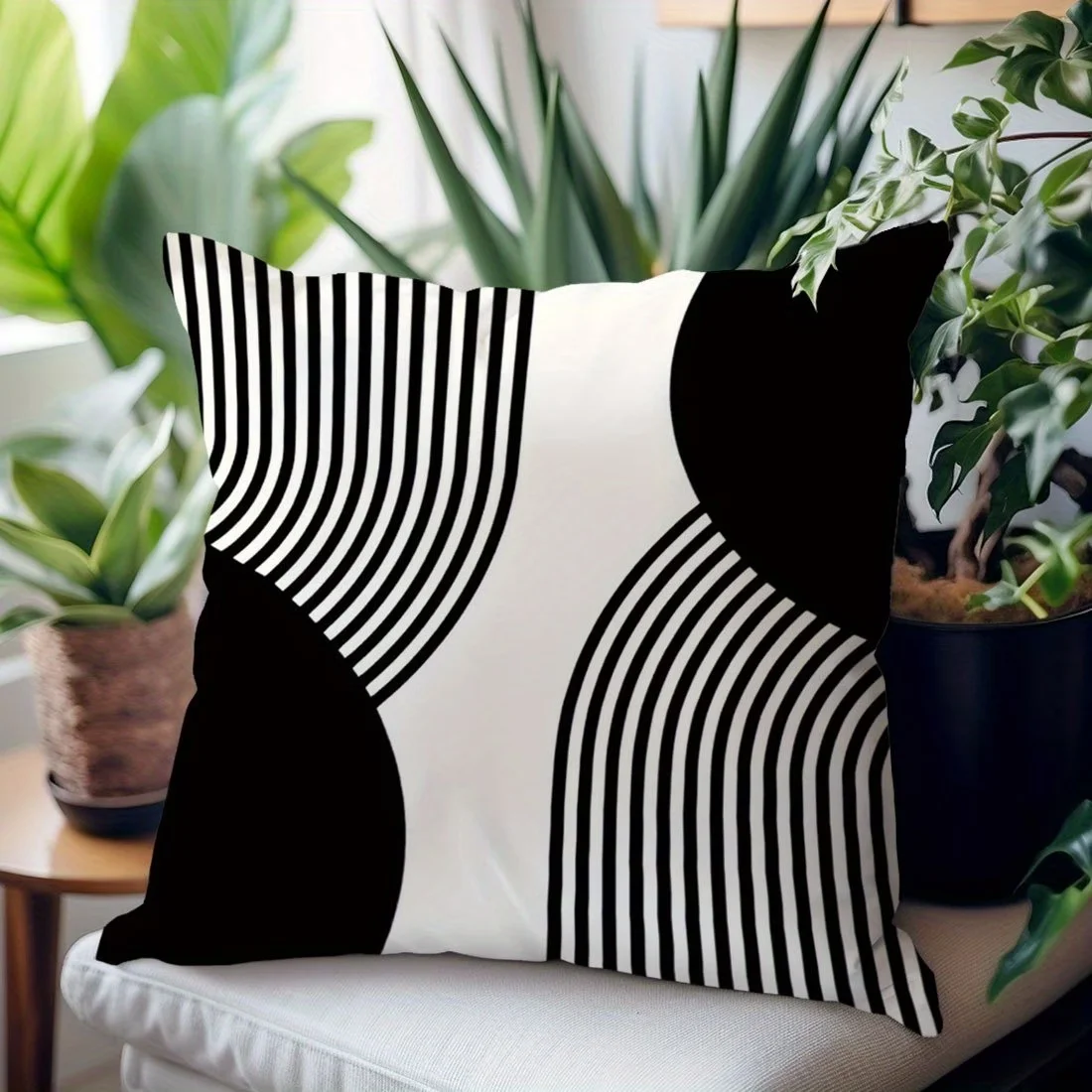 1PC Throw Pillow Cover,Black White Geometric Circle Stripe Print,Modern Abstract Style,For Sofa Bedroom Couch Home Decor