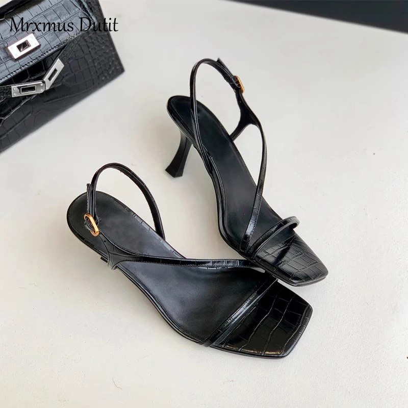 Mrxmus Dutit 2023 Summer Fashion New Women Genuine Leather Square Head Thin High-heel Sandals Solid Simple Casual Shoes Female