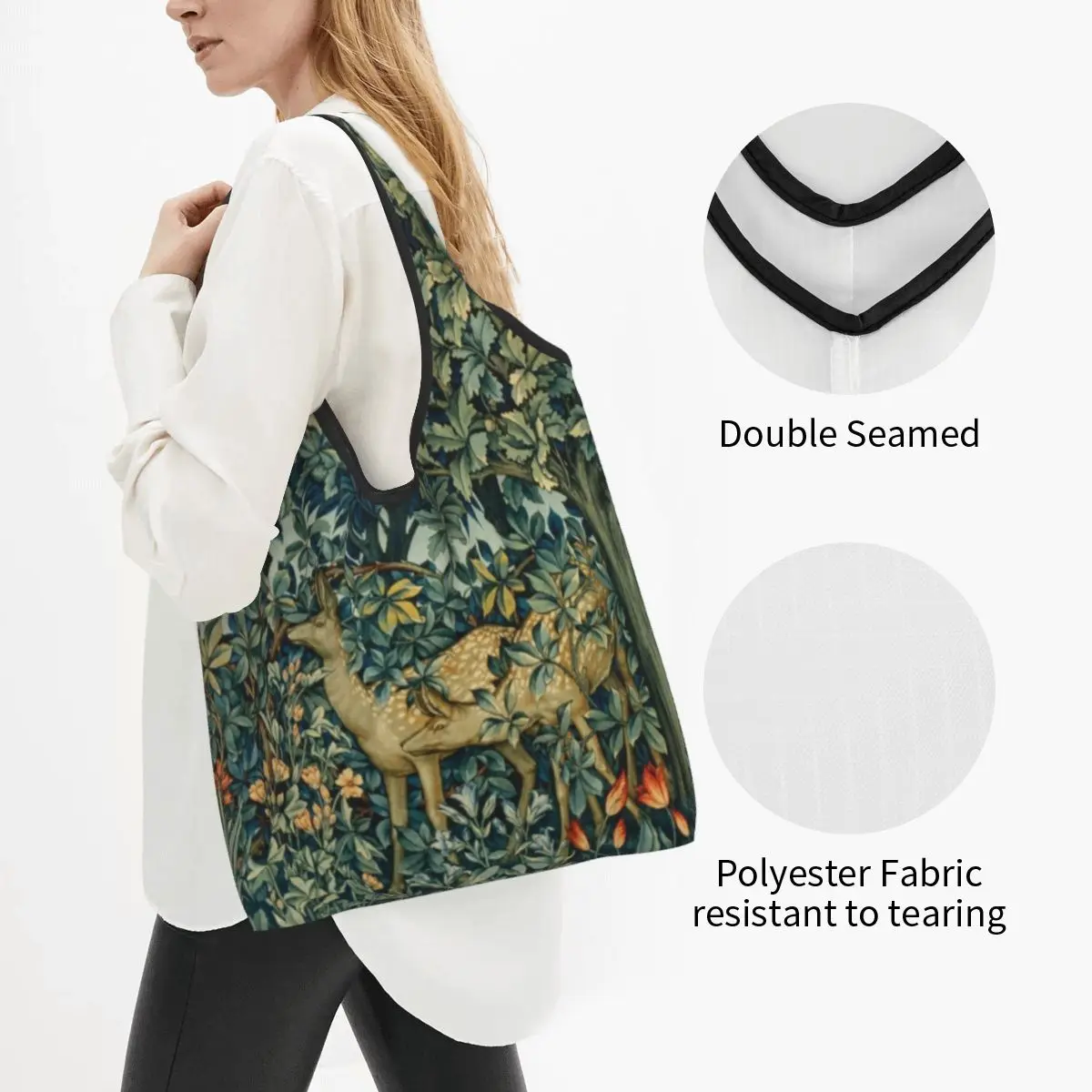 Bolsos de compras personalizados de William Morris Deers And Birds In Forest para mujer, bolsos de mano portátiles, grandes, comestibles, florales, animales, arte Shopper