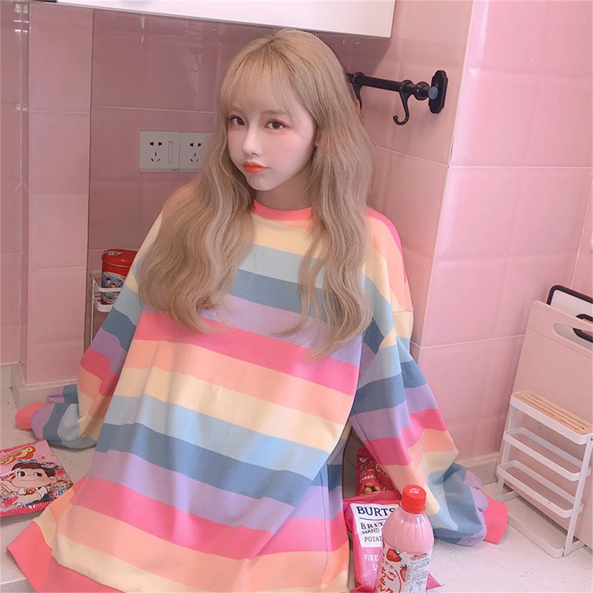 Pink Rainbow Striped Oversized T Shirts For Women Kawaii Summer Long Sleeve O-neck Shirt Korean Ladies Fleece Sweetops Tshirt