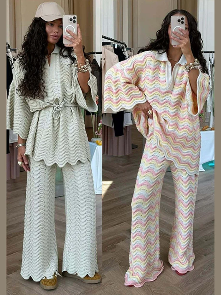 

Contrast Stripe Women Shirt Set Knitted Baggy Lady Pants Sets 2025 Fashion Summer Casual Half Sleeve Lapel Female Top Suit