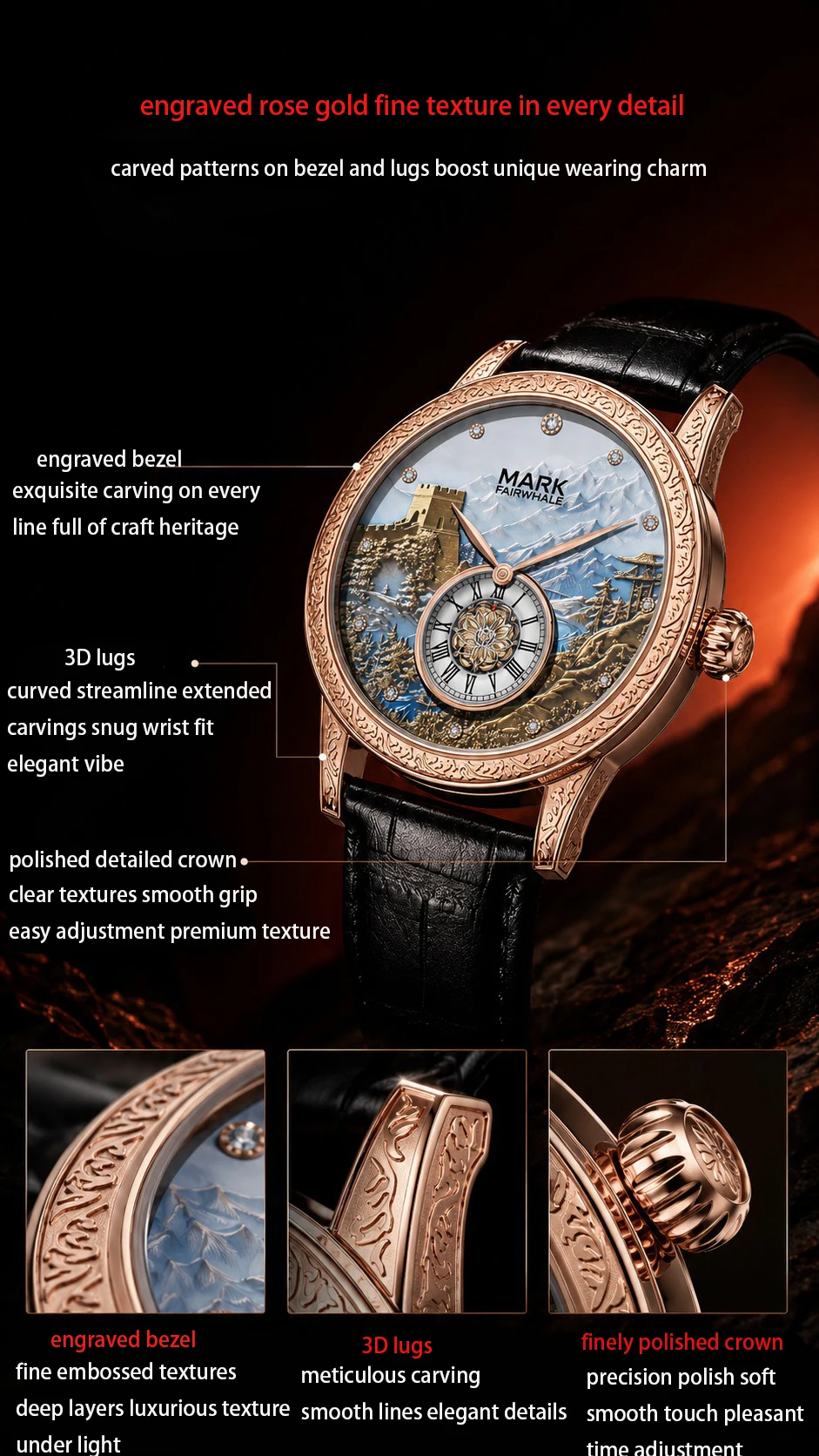 Men's Automatic Great Wall Mechanical Watch Luminous Skeleton Two Hands Small Second Sub Dial 30M Water Resistant 43MM Large Dia