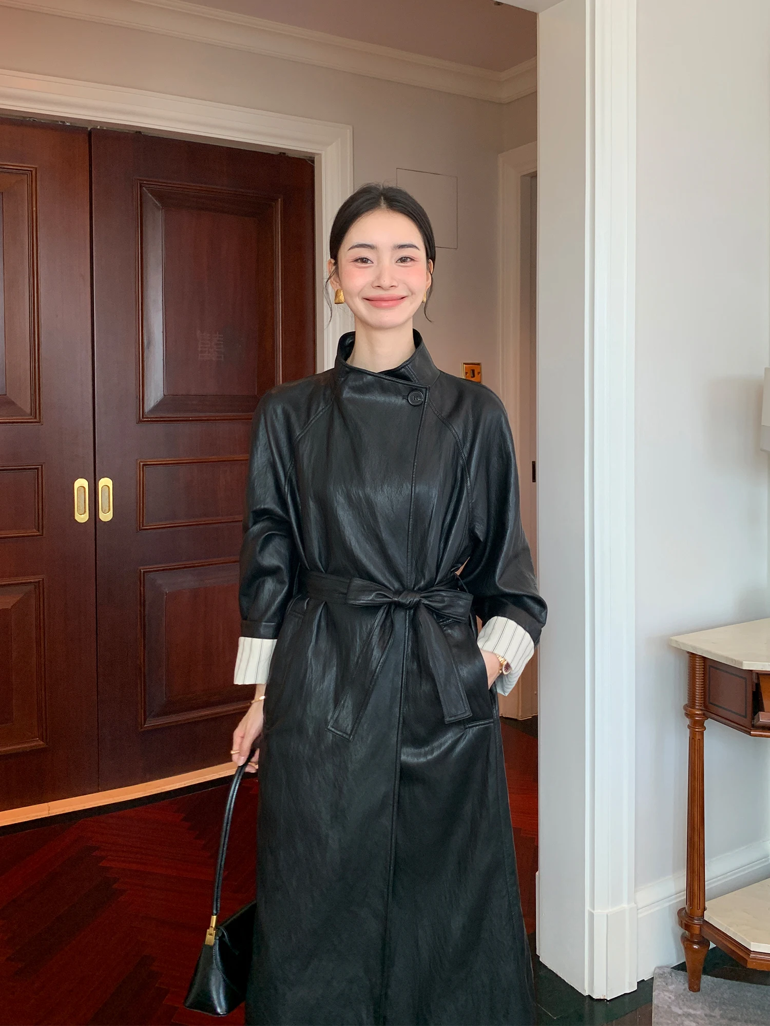 Ele vintage couro pu jaet feminino cintura costurando casaco longo casual sle facionable gola corta-vento de comprimento médio