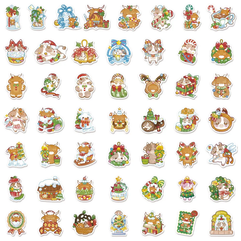 50PCS 크리 에이 티브 크리스마스 만화 작은 암소 낙서 스티커 DIY 스피커 스케이트 보드 워터 컵 수하물 방수 스티커