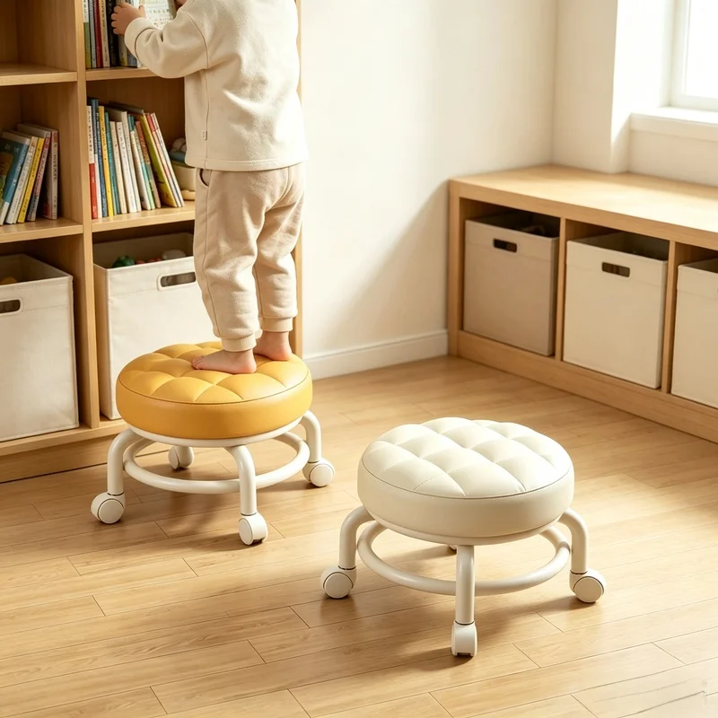 Round Low Rolling Stool with Universal Casters, 360° Rotatable Mobile Seat for Kids Shoe‑Changing Home Furniture