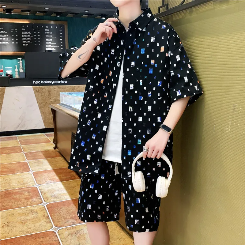 Men Summer 2 Pieces Suits Tracksuit Men\'s Shirt Shorts Harajuku Streetwear Oversized Men Sets Short Outfits