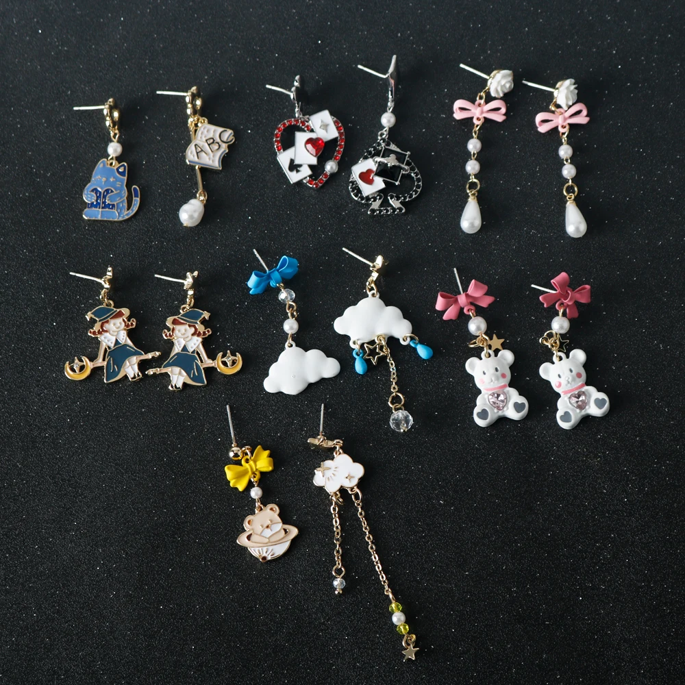 Creative Anime Animal Bears Cats Clouds Earrings For Women Girls Cute Alloy Enamel Charms Drops Asymmetrical Earring Jewel Gift