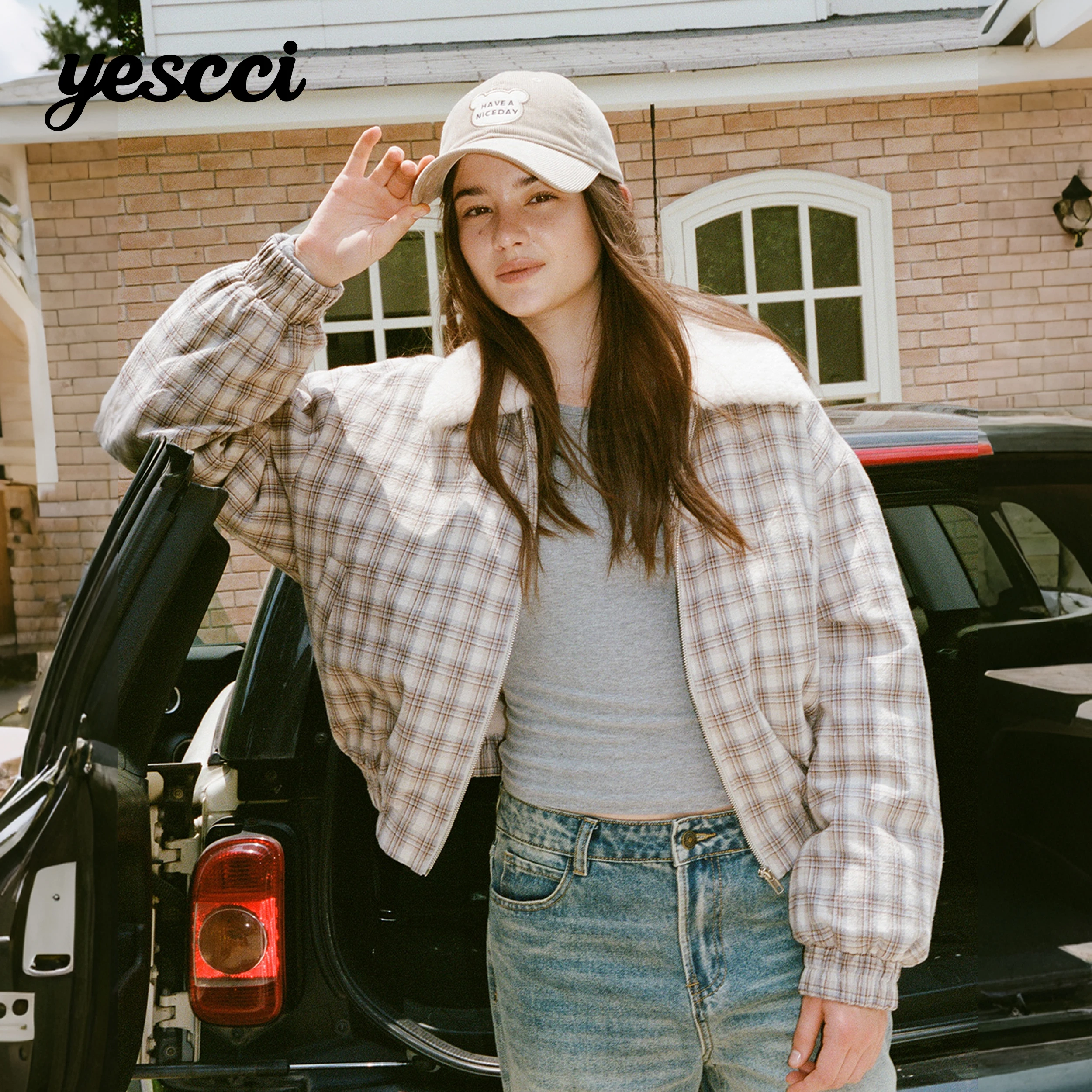 YESCCI Classic Plaid Winter Coat Female Faux Fur Lined Long Sleeve Jacket Women Casual Windproof Elastic Hem Outerwear S55451045