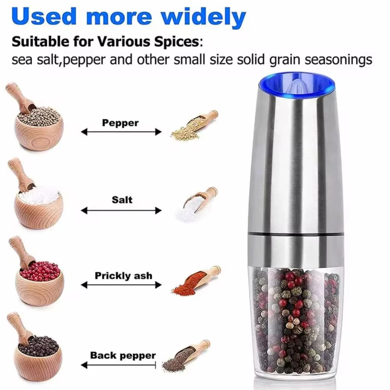 Stainless Steel Gravity  Pepper and Salt Grinder Mill Adjustable Coarseness Battery Powered with  Light