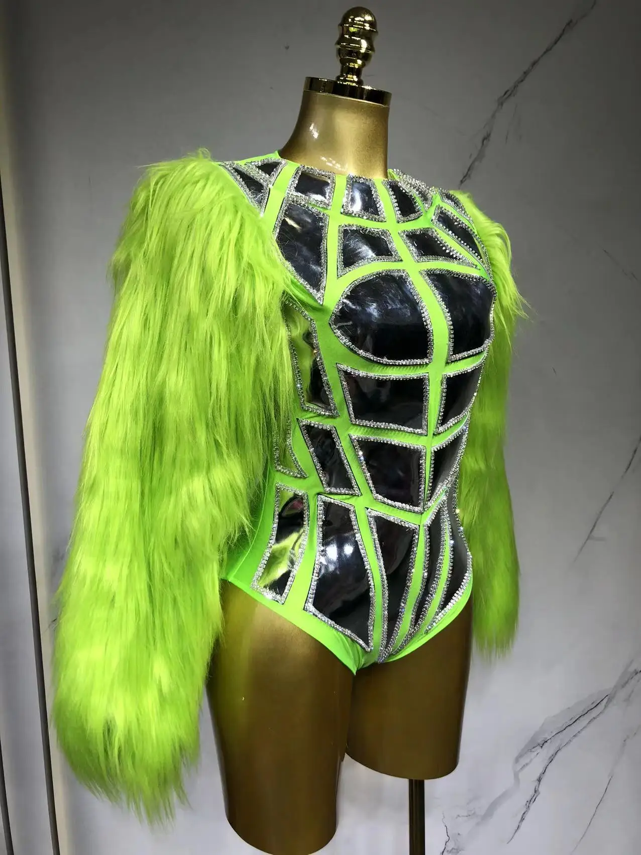 Samt Blase Ärmel Spiegel Muskel Body Nachtclub Bühne Show Catsuit Tanz Outfit Rüstung Stil Bar Weibliche DJ DS Kostüm