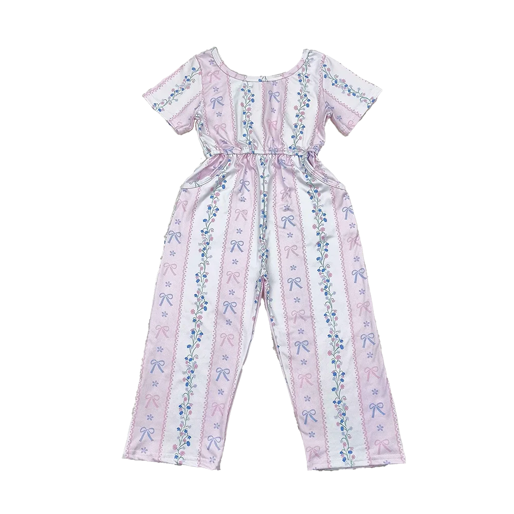 

SR2941 Baby Girls Summer Jumpsuits Short sleeves pink bow floral pockets girls jumpsuit