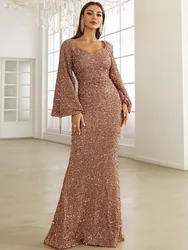 Autumn New Women's Fashion, Elegant and Slim Fit V-neck Wrapped Hip Sequin Dress with Mid Waist Flare Sleeve Long Evening Dress