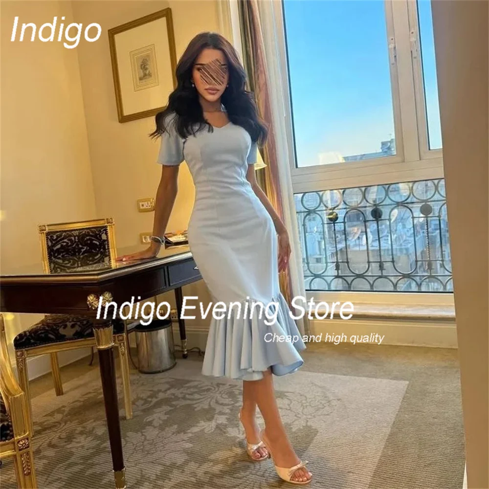 Indigo Elegant V-Neck Evening Dress 2025 Short Sleeves Pleat Tea-Length Mermaid Party Prom Gown Formal فساتين السهرة Customized