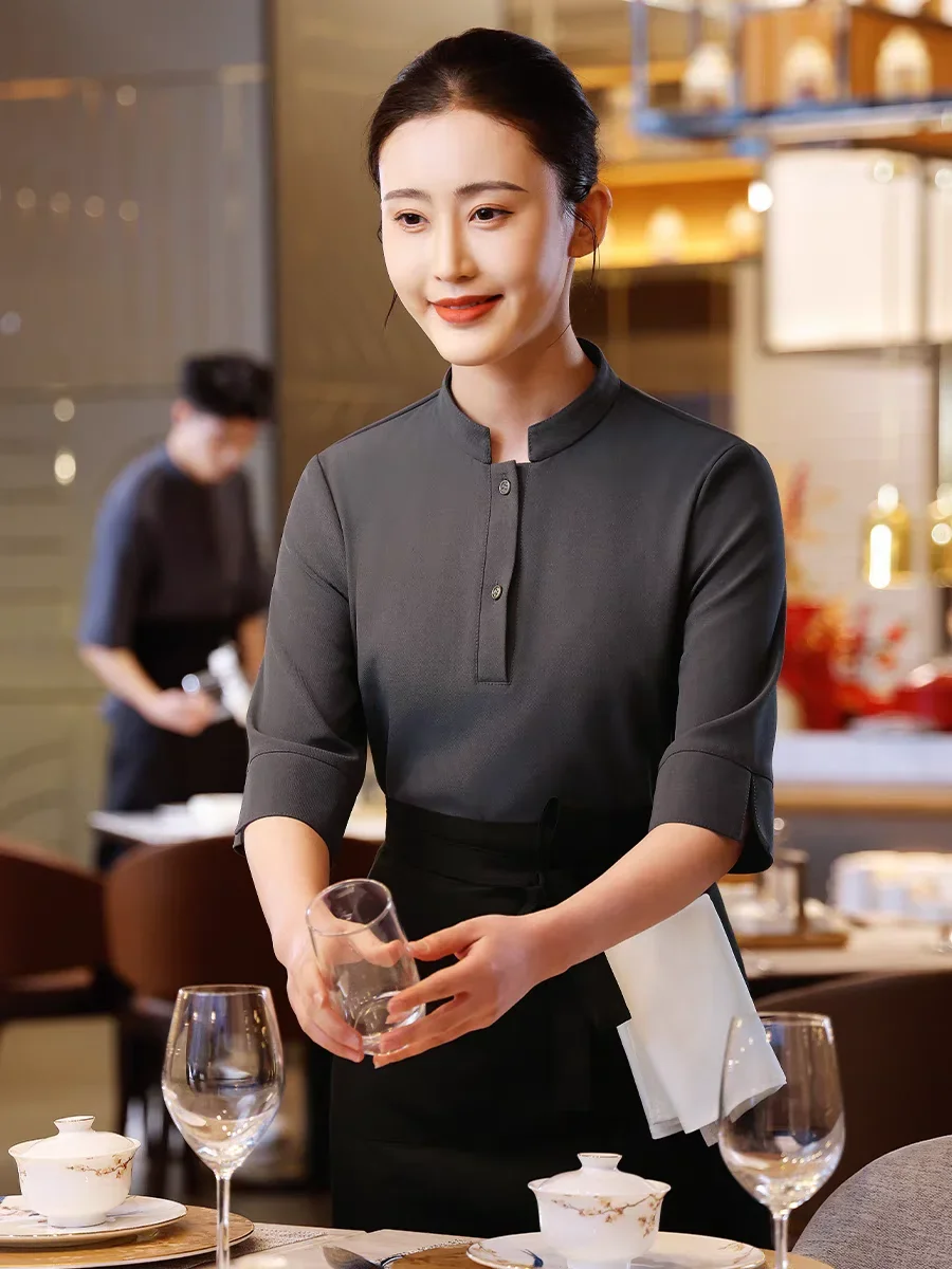 2024 Chinese Restaurant Waiter Work Clothes Hotel Barbecue Shop Staff Uniform and Apron Set Waitress Workwear Empolyee