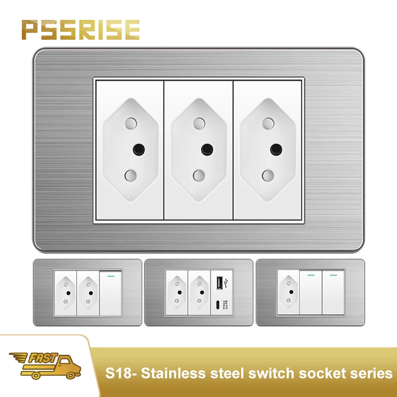 

PSSRISE Белая бразильская стандартная настенная розетка с зарядным устройством USB типа C, панель из нержавеющей стали, выключатель света, розетка для компьютерного телевизора
