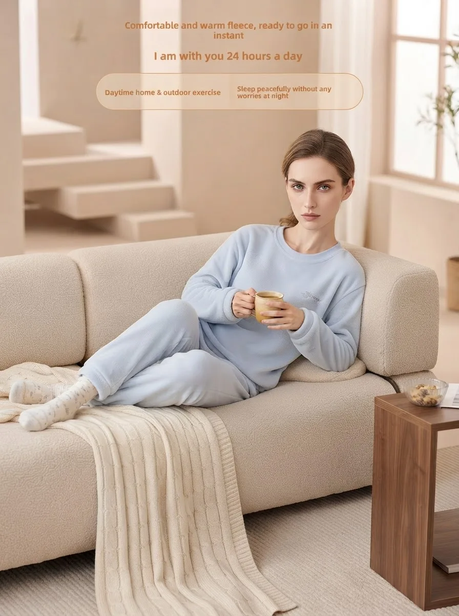 Women's pajamas with fleece lining, thickened, long-sleeved, can be worn outside, soft flannel, skin-friendly women's home wear
