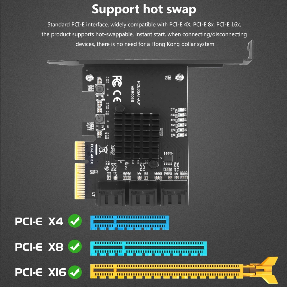 TISHRIC PCIE 4X To 6 Ports SATA 3.0 6 Gbps Expansion Card Pcie Splitter Controller PCI-Express 4x 8x 16x Add On Card for HDD SSD