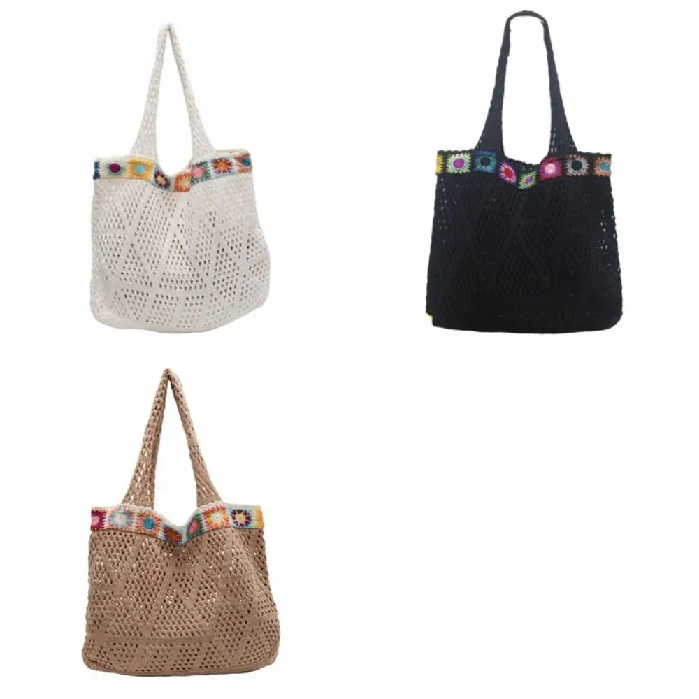 

Простая вязаная сумка через плечо с цветочным узором, вместительная ажурная сумка-тоут, богемная сумка для покупок, плетеная сумка для улицы/путешествий