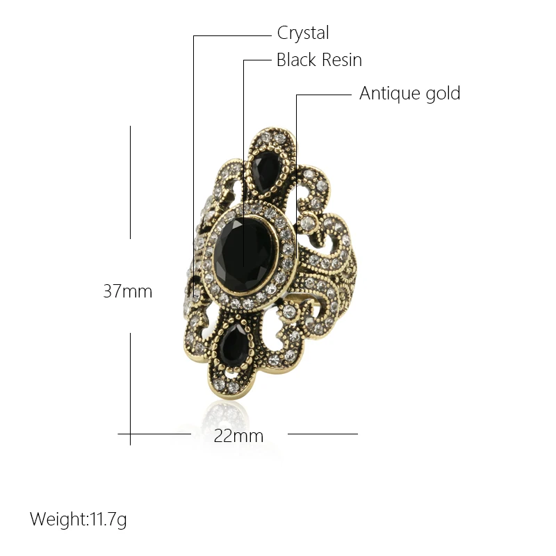 Vintage Vintage Bohe Black Crystal Rings For Women Openworked Gold Plated Creative Design Ethnic Bridal Wedding Jewelry Gifts