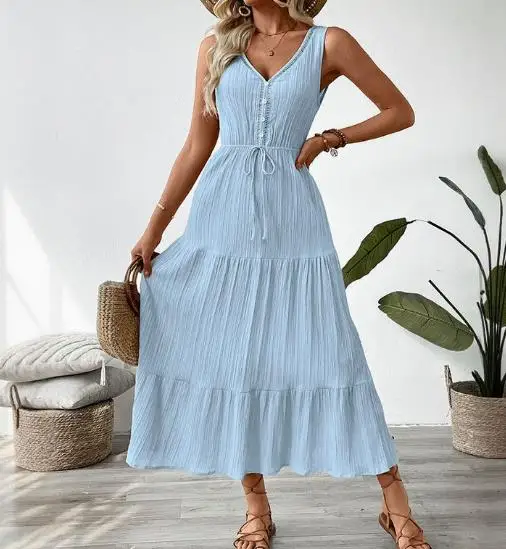 

2025 Summer New Casual Vacation Skirt Texture Sleeveless Seaside Dress