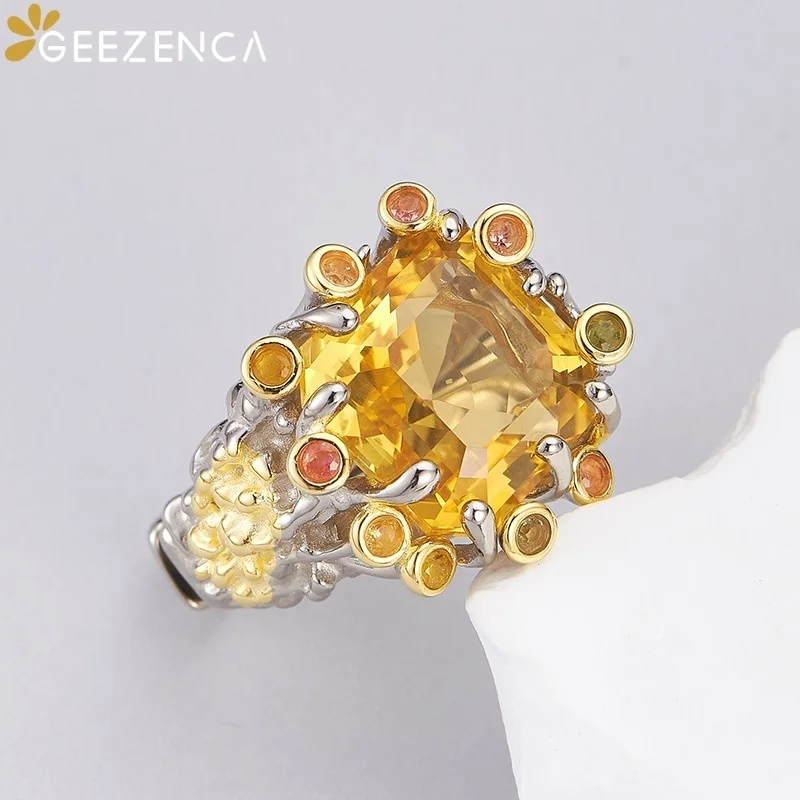 GEEZENCA Natural Citrine 925 Silver Two Tone Statement Ring For Women Italian Craft Hyperbole Wide Luxury Adjustable Rings Gift