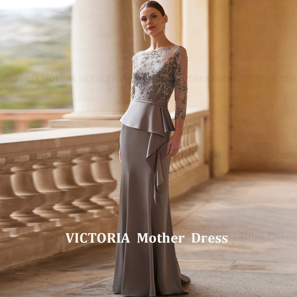

Customized Elegant Mother of the Bride Dresses O Neck 3/4 Sleeves Wedding Party Gowns Appliques Pleat Mermaid فساتين ا
