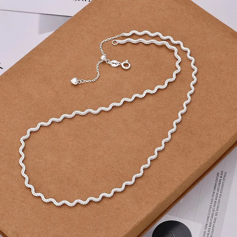 

925 Sterling Silver Wave Chain Link Necklace For Women Unique Fashion Sparkle 40cm Adjustable Thin Slider Choker Necklaces Gift