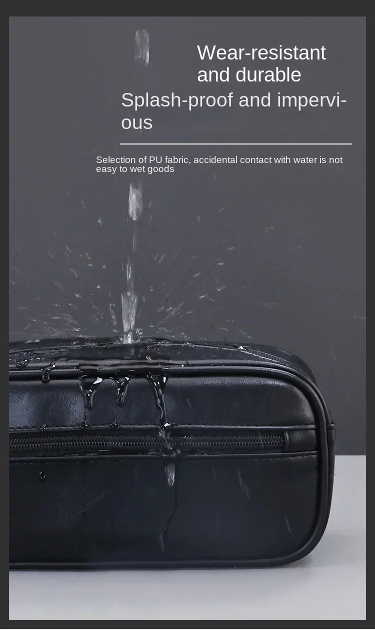 Kulturbeutel aus Leder für Herren, für Reisen, Geschäftsreisen, tragbare Kosmetiktasche, großes Fassungsvermögen, mehrere Taschen, handgehaltener Kulturbeutel aus Leder – Detail 5