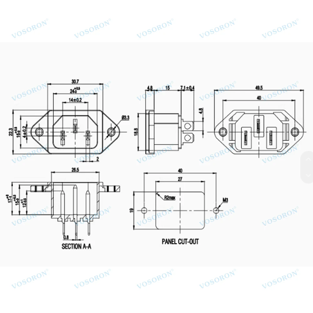 3 Pin IEC320 C14 Power Socket with Screw Hole,15A 250VAC Power Inlet Sockets Connectors
