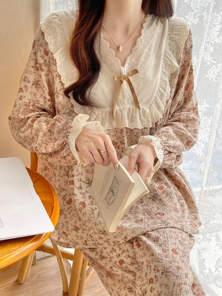 Ensembles de pyjama à col en V pour femmes, confortable, doux, design imprimé, populaire, attrayant, Ulzzang, étudiant, vacances, élégant, automne, 03