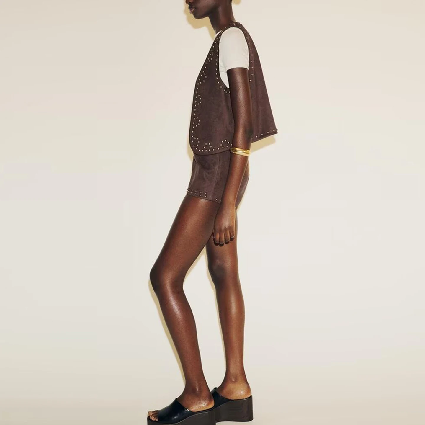 Z 2025 New Women's Faion Vest And orts Set Rivet Counter ain Leather Vest And Rivet orts Two Piece Set Summer Ou...