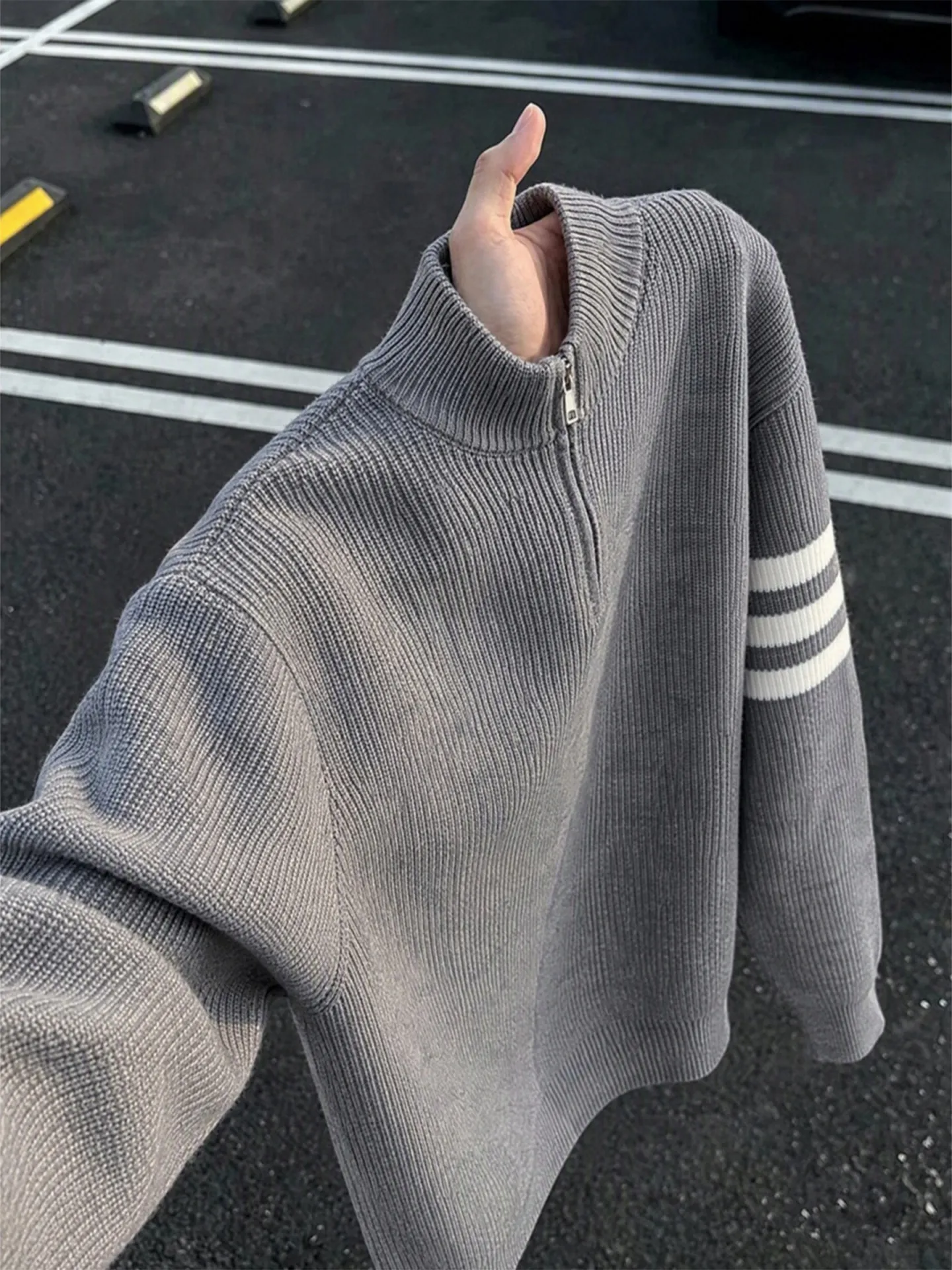 American Retro Striped Half Zipper Stand Collar Men's Knitwear Cleanfit Sweater Jacket Loose Fit Winter Outerwear Long Sleeve
