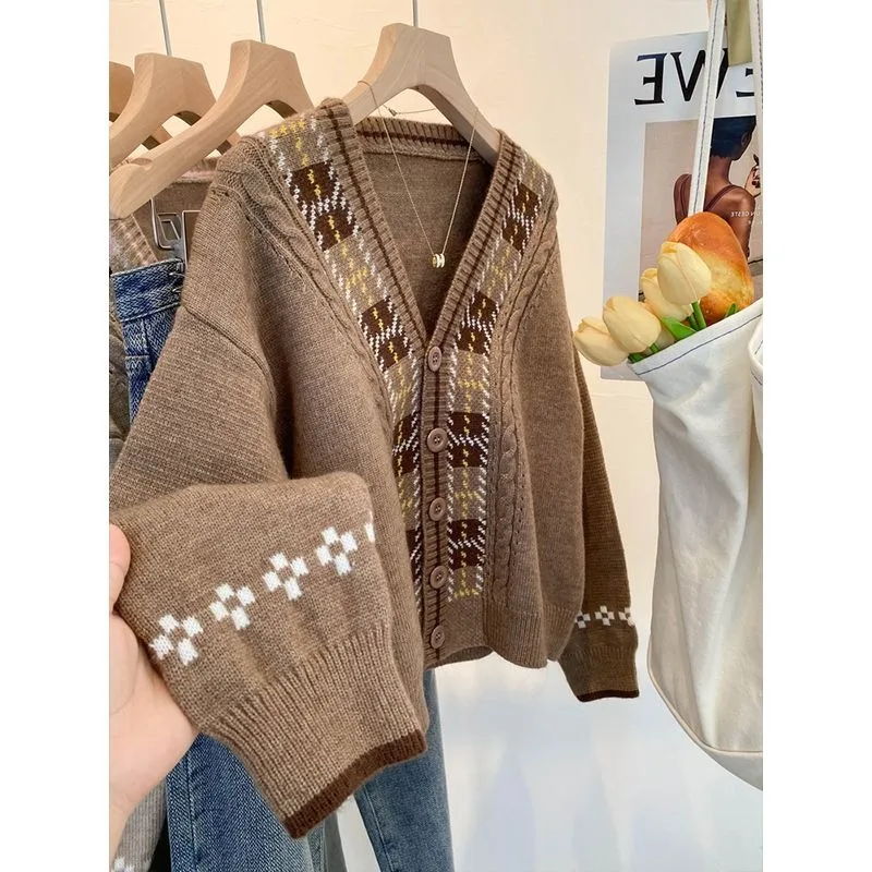 Color Contrast Knit Cardigan Female Springtime Japanese Series Retro Sense Sweater Lazy Wind Loose Coat Autumn and Winter Top