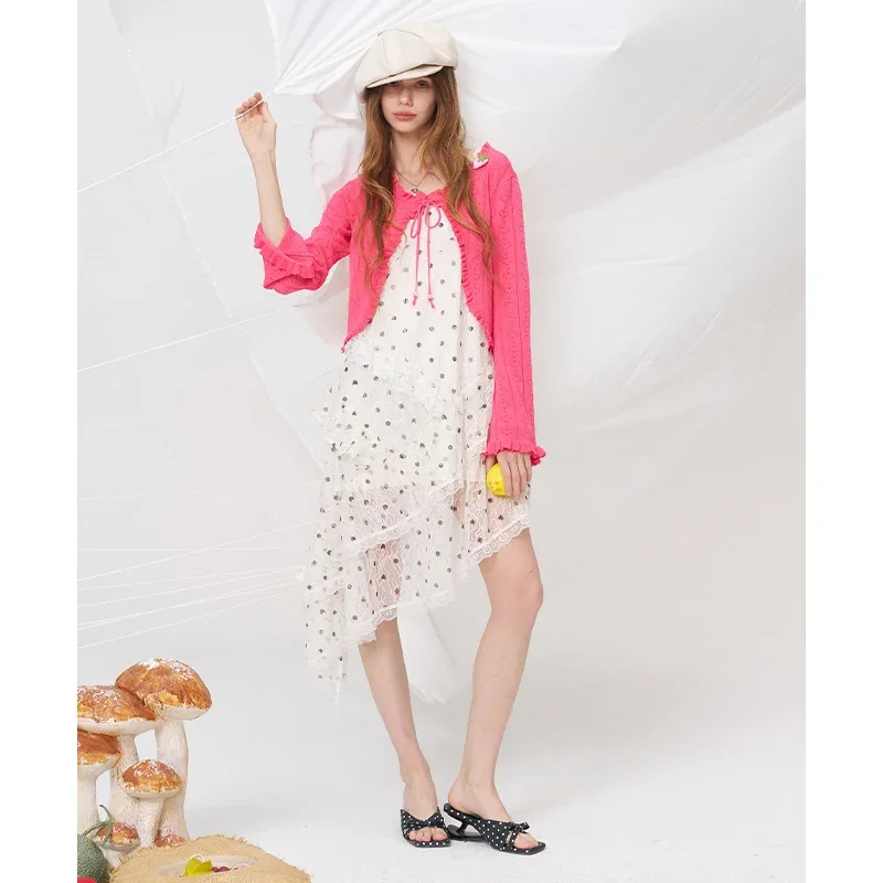 ELFSACK Cream  Pointelle Knit Cardigan, Strawberry Applique Ruffle Tie Front Crop Top, Sweet Cute Casual Cardigan for Women