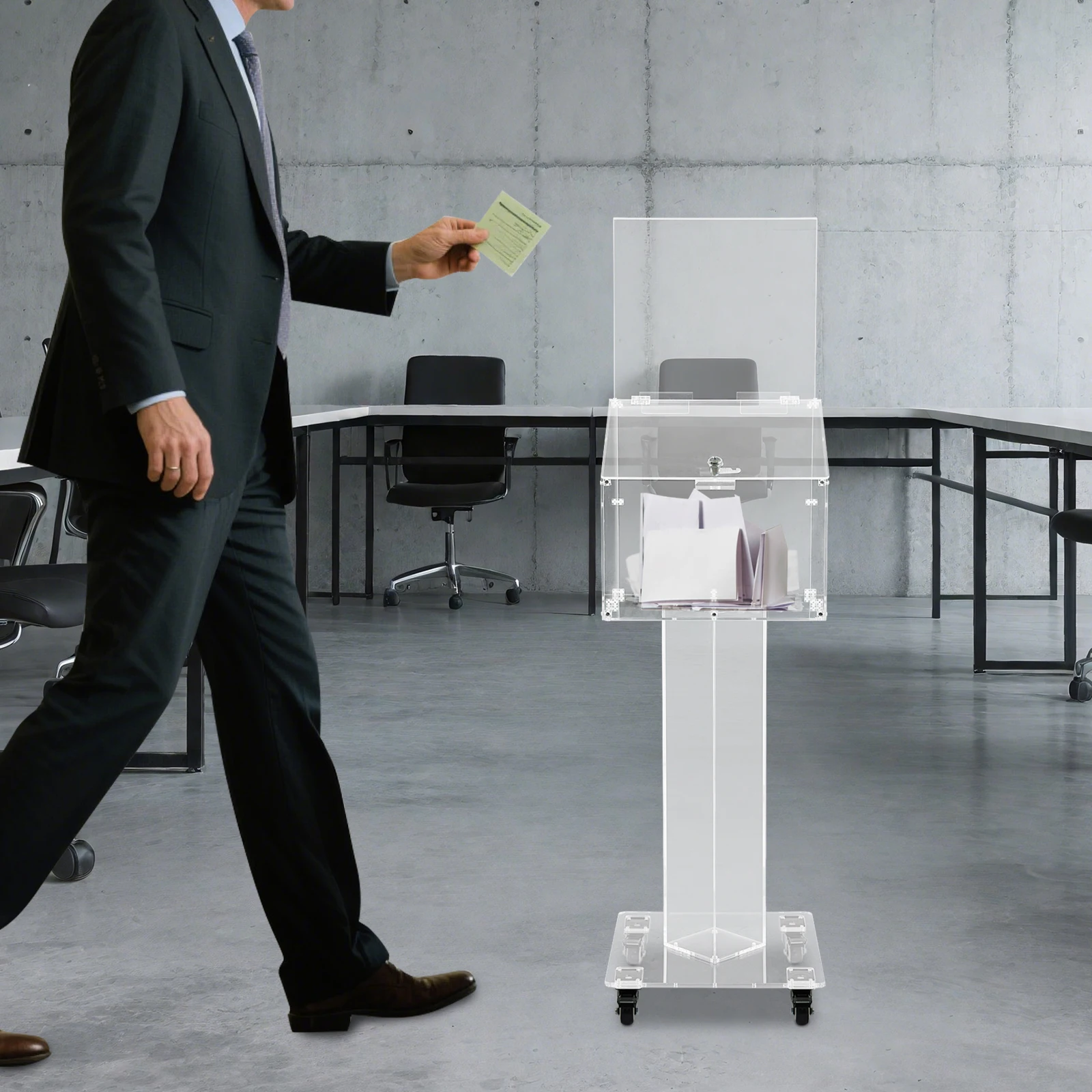 Caja de sugerencias transparente con cerradura y llave, urna acrílica con soporte para letreros y ruedas para reuniones de oficina