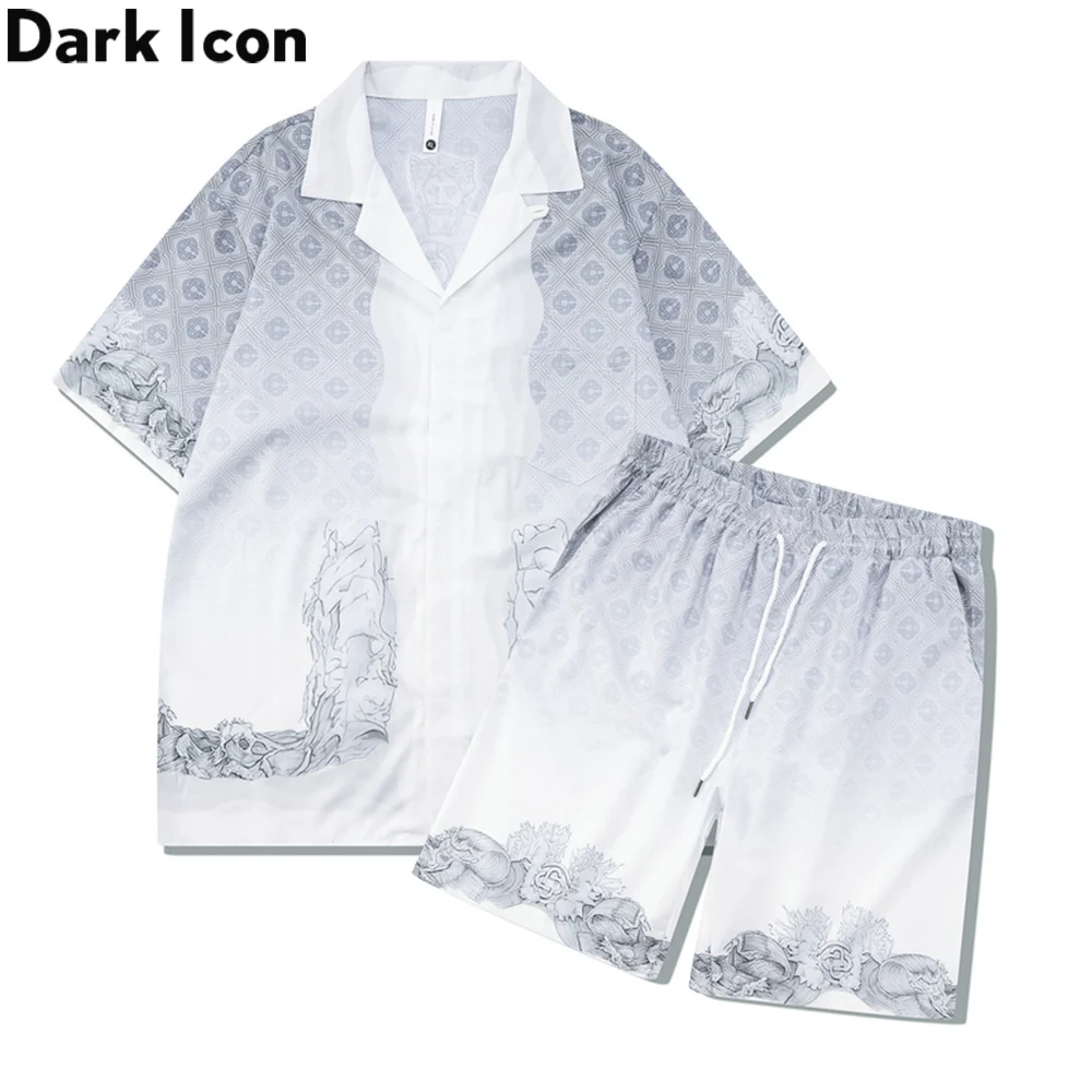 Dark Icon-camisas hawaianas estampadas y pantalones cortos de playa para hombre y mujer, conjunto de Material fino de verano