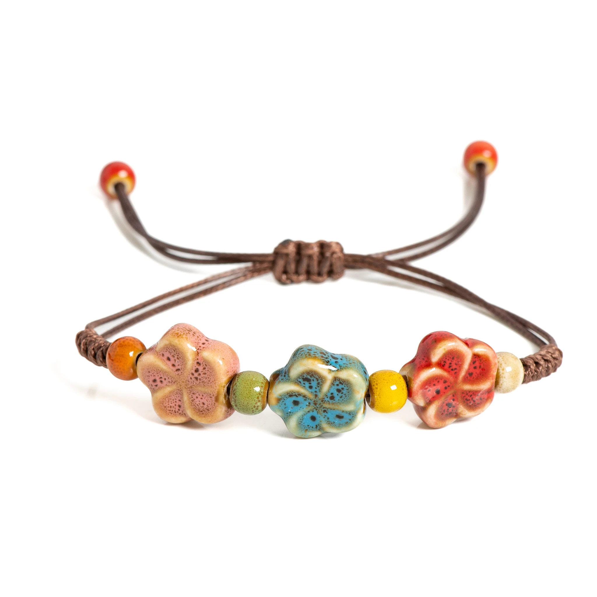 Pulsera de cerámica floral bohemia hecha a mano, joyería de cordón de cera ajustable para mujeres y hombres – S02-008
