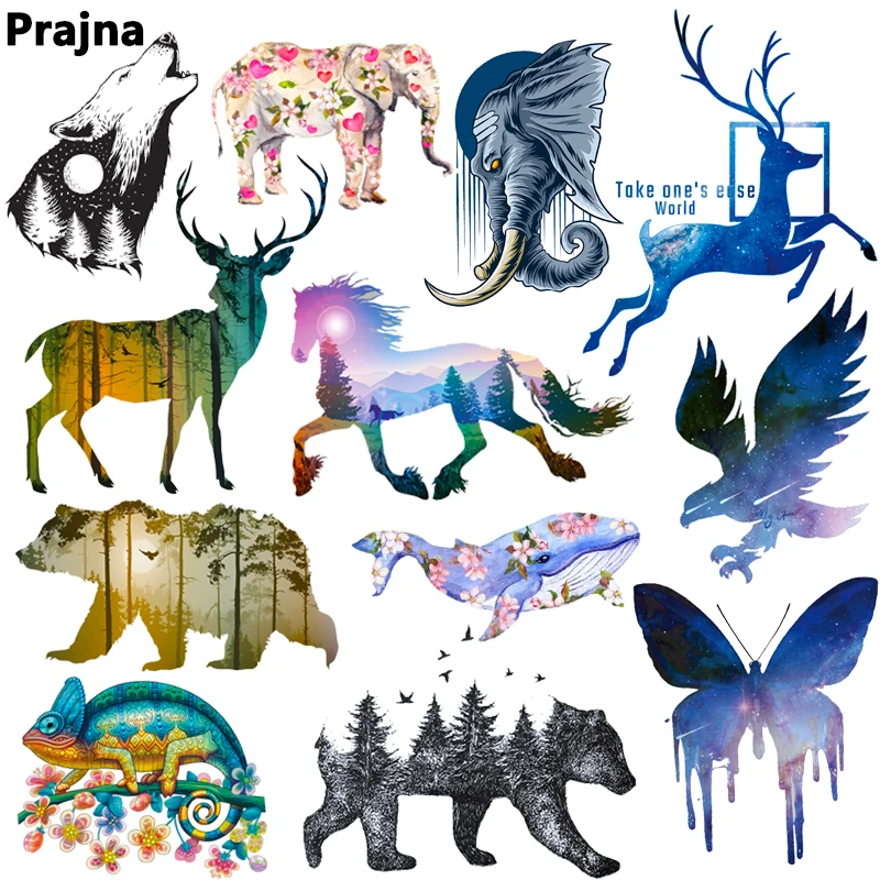 Prajna Landscape Bear Giraffe Iron On Patches For DIY Animal Heat Transfer Clothes T-Shirt Thermal Stickers Decoration Printing