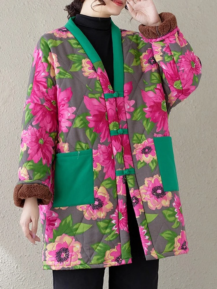 

National Style Vintage Floral Print Parkas Women 2025 New Winter V-Neck Thick Warm Plus Velvet Outerwear Coat Clothes Tops