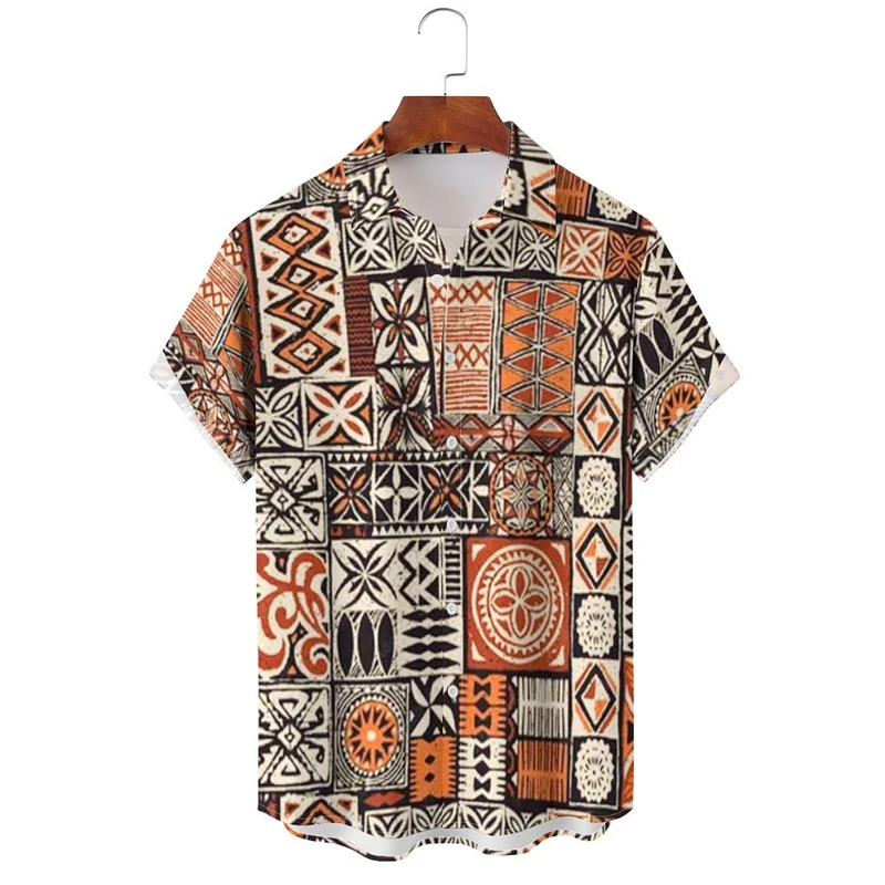 2024 Men’s Short Sleeve Shirts Fashion Geometric Pattern Casual Summer Streetwear Loose Fit Holiday Beach Shirt