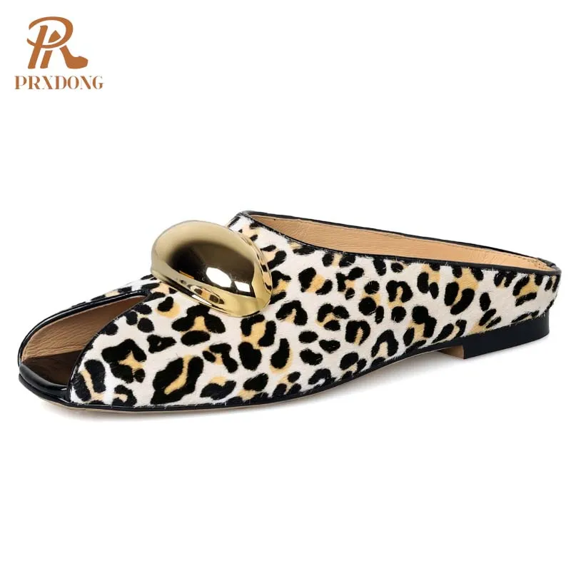 

PRXDONG Women's Sandals 2025 New Fashion Summer Real Fur Leather Low Heels Peep Toe Black Brown Dress Casual Lady Shoes Slippers