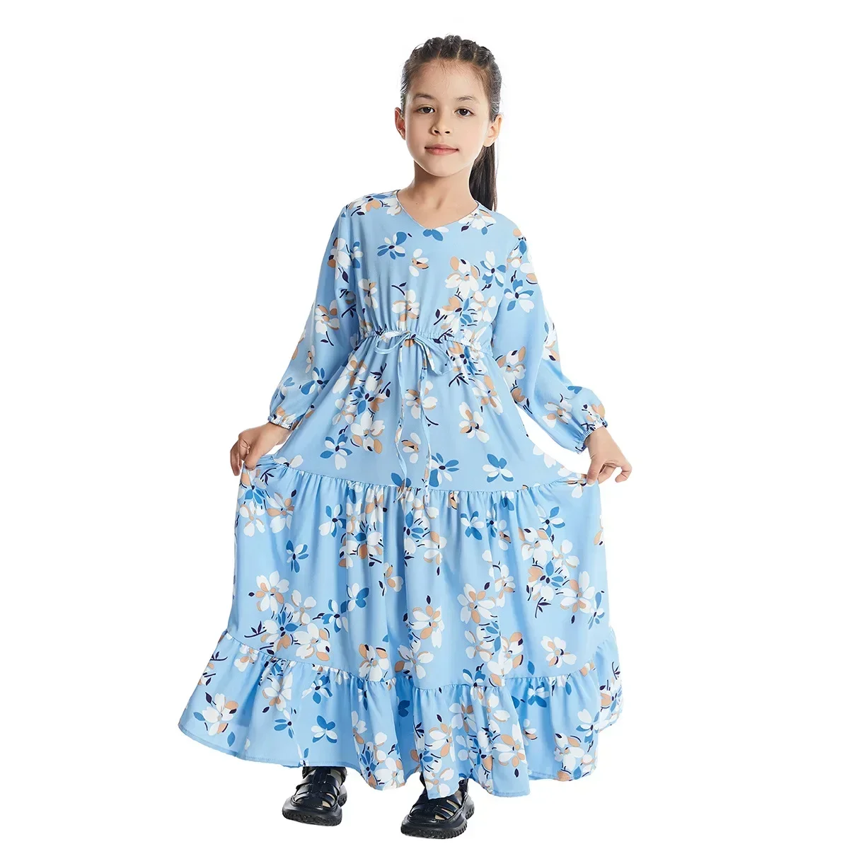 Kids Abaya Dubai Kaftan Muslim Long Dress Turkish Islamic Long Sleeve Floral Print Dresses Girl V Neck Vestidos Children Clothes