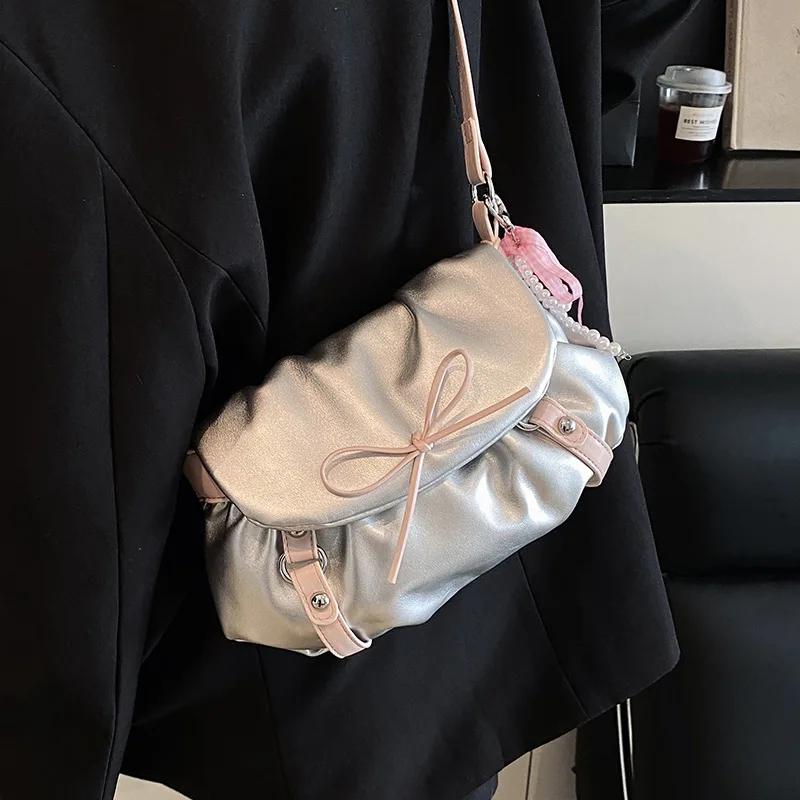 

HAEX Punk Belt Women Shoulder Bags Fashion Designer Soft PU Ladies Crossbody Shoulder Bag Aesthetic Beading Bow Bolso Mujer