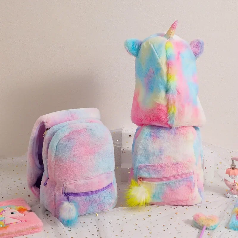 New Design Cartoon Plush Unicorn Children's Bookbag with Removable Hat Backpack Hooded Schoolbags Weekend Bag Child