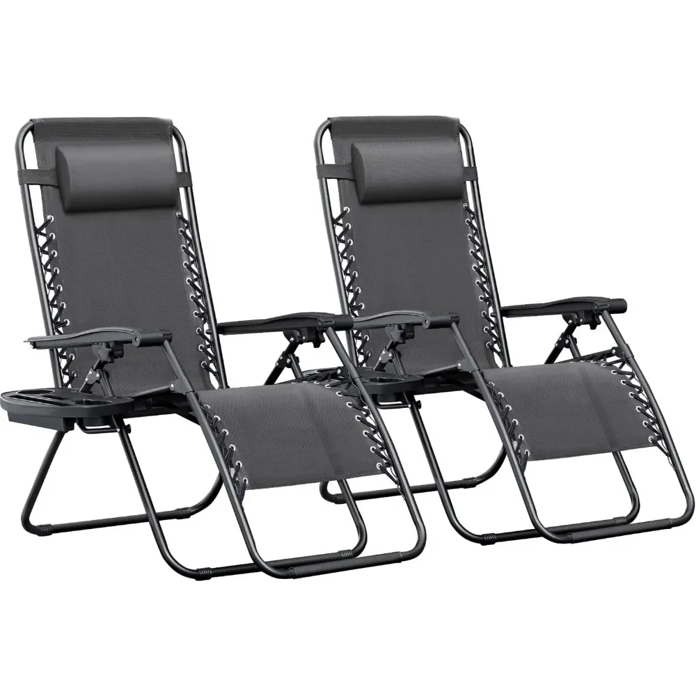 Zero Gravity Chairs Set of 2 Adjustable Steel Mesh Recliners Beach Deck Lawn Camping Patio Foldable Lounge Chair with Cup Holder