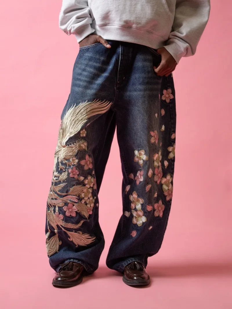 Roupas Y2K de Moda de Rua, Jeans de Cintura Alta Bordados com Flor de Cerejeira Phoenix para Homens, Calças Casuais Y2K Harajuku para Mulheres