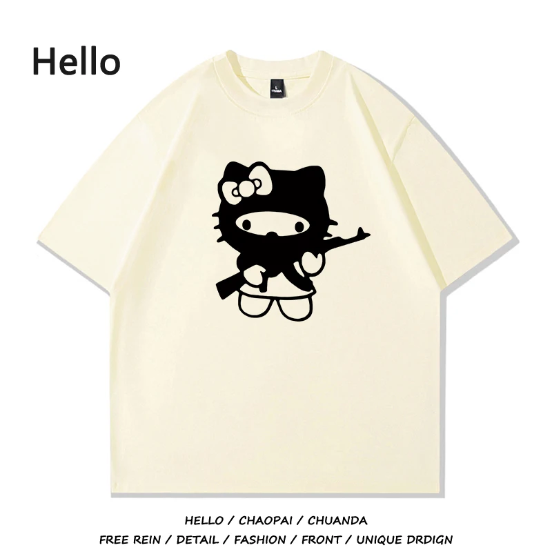 Roupas masculinas de manga curta t camisa para homem feminino tomar a arma hellokitty conjunta americano topos solto olhar magro hellokitty t