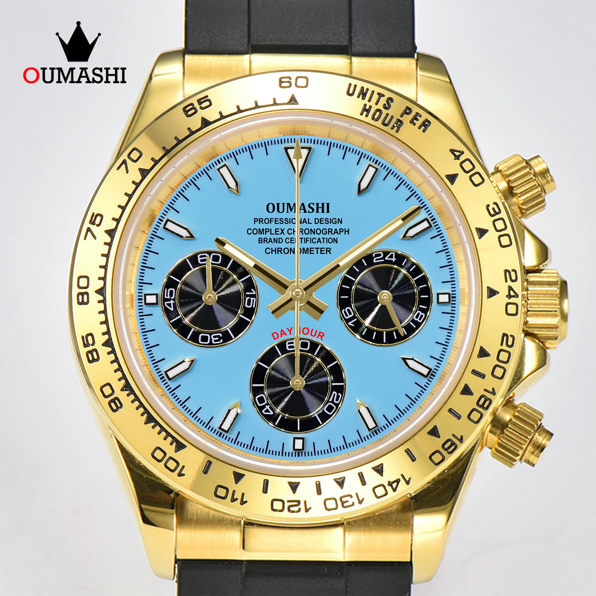 OUMASHI/NOLOGO 42mm gold Index Men’s Sports Watch Chronograph Function VK63 Quartz Movement Luminous Waterproof Sapphire Glass